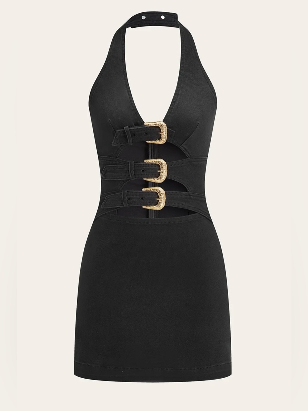 NWT Commense Halter Neck 3-Buckle Detail Denim Dress in Black - Size Small